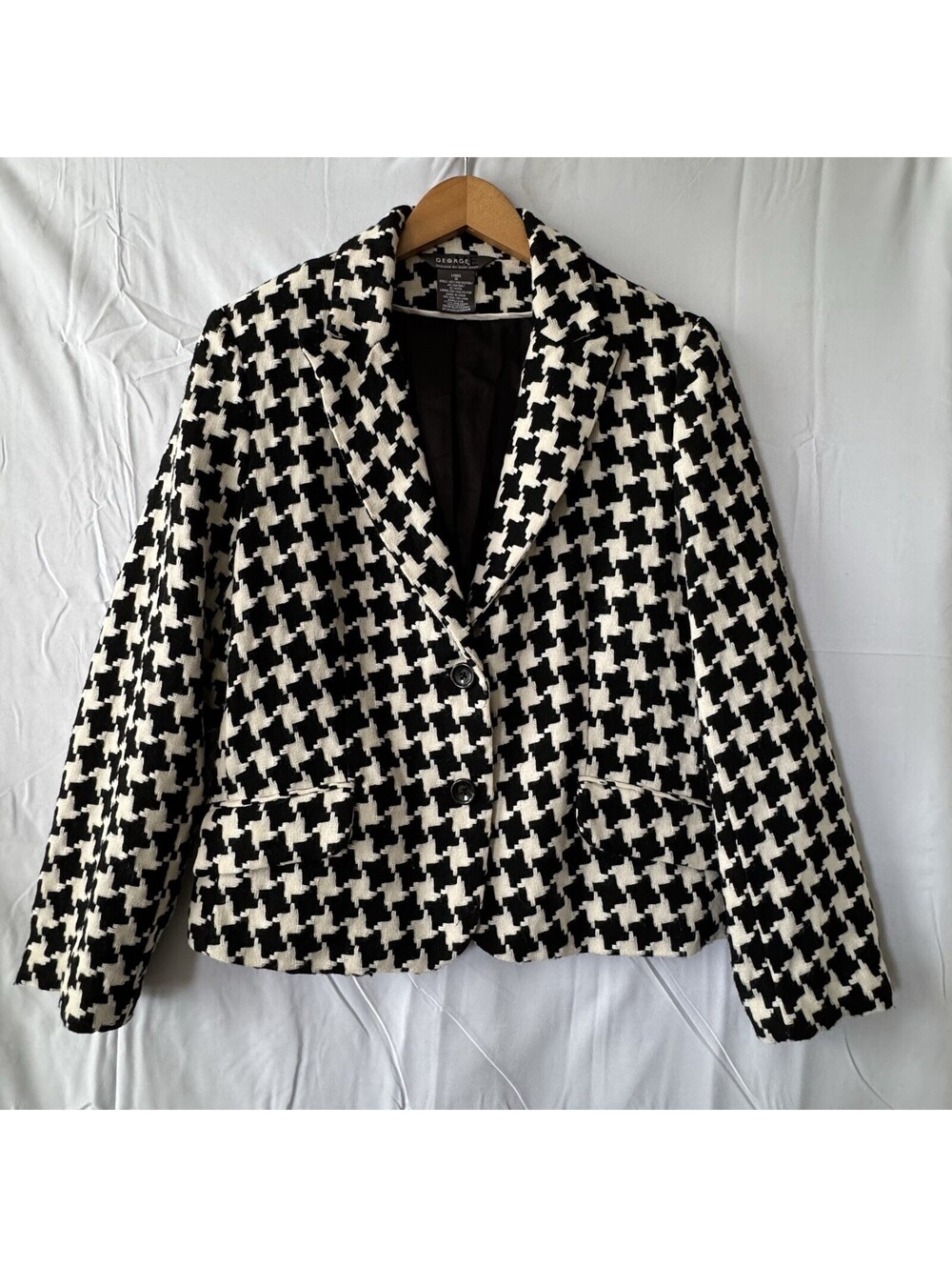George Blazer L Black White Houndstooth 2 Button Lined FLAW Stain Shoulder